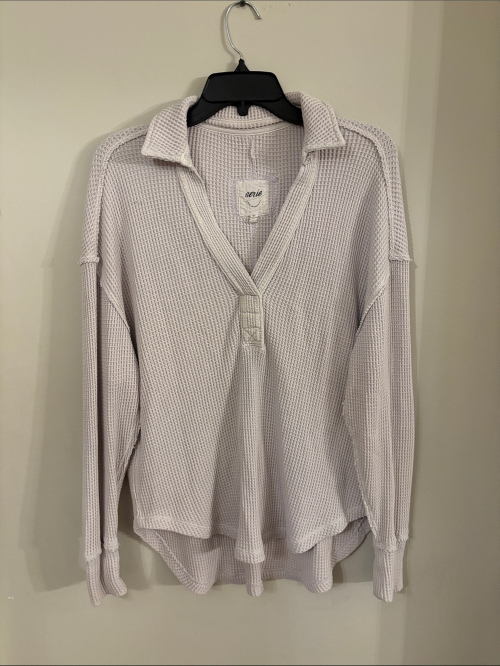 aerie Cream Waffle-Knit V-Neck Collared Sweater